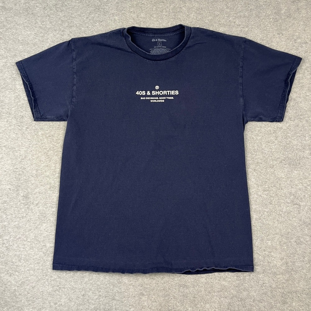 40s & Shorties T Shirt Mens Large Navy Blue Bad Decisions Good Times Logo Tee